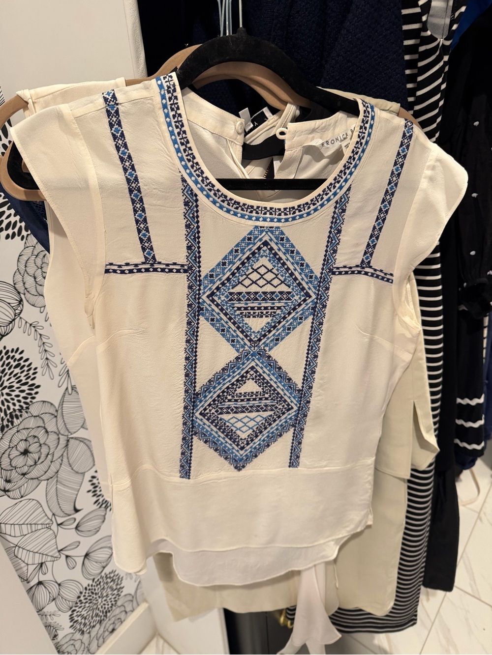Veronica Beard Cream Blouse with Blue Embroidered Geometric Detail